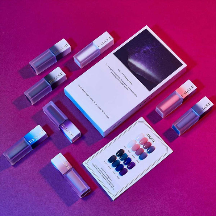 A diverse collection of vibrant gel nail products from the MAYOUR Shining Dawn Collection, arranged on a bright magenta background, showcasing the enchanting range of colors inspired by the captivating beauty of the aurora borealis.