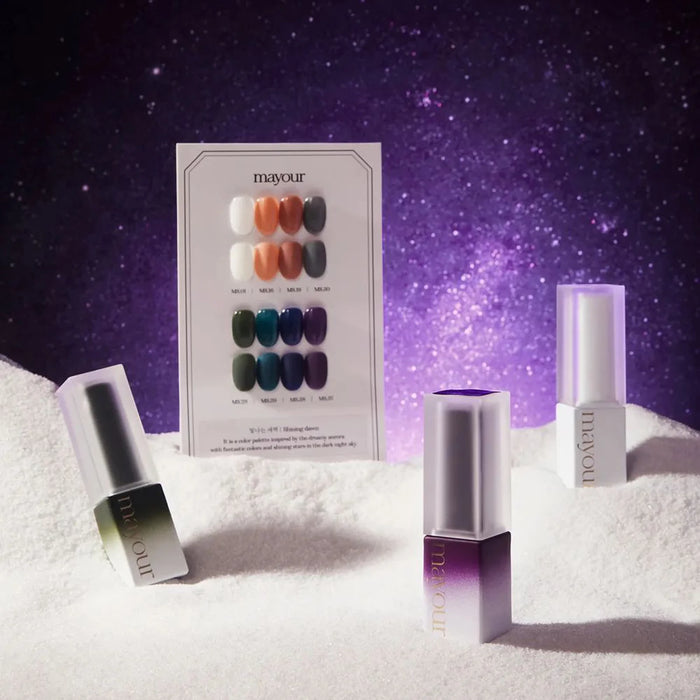 An image of the MAYOUR Shining Dawn Collection 8-piece gel nail polish set, featuring a color swatch card showcasing the vivid and dreamy hues inspired by the aurora borealis, along with two bottles of the nail gels against a starry, shimmering background, capturing the enchanting and creative essence of the product.