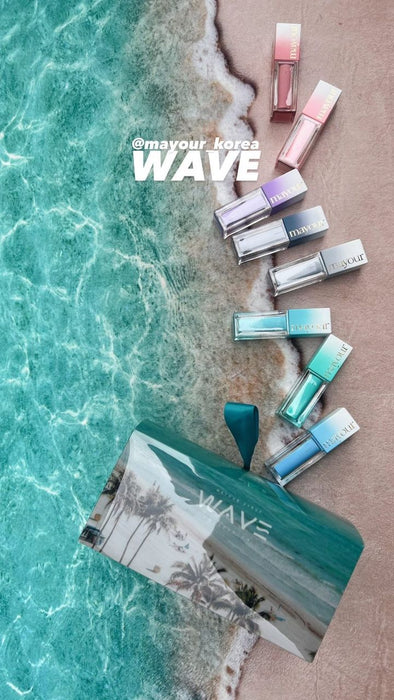 An assortment of colorful nail polish bottles from the "MAYOUR Wave Collection" displayed on a vibrant, wavy turquoise background with the collection's name prominently featured, showcasing the ocean-inspired hues and jelly syrup formula of this beauty brand's summer-themed nail polish line.