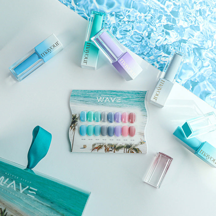 Image depicts the MAYOUR Wave Collection 8pcs/set of ocean-inspired gel polishes, showcasing the vibrant and serene colors of the ocean from deep sea blues to shimmering coastal tones. The jelly syrup formula is designed for creating trendy looks such as clear bubble manicures or intricate glass art, offering a versatile base for creative nail art explorations. The smooth application and fast curing under UV/LED light ensure a flawless finish eve