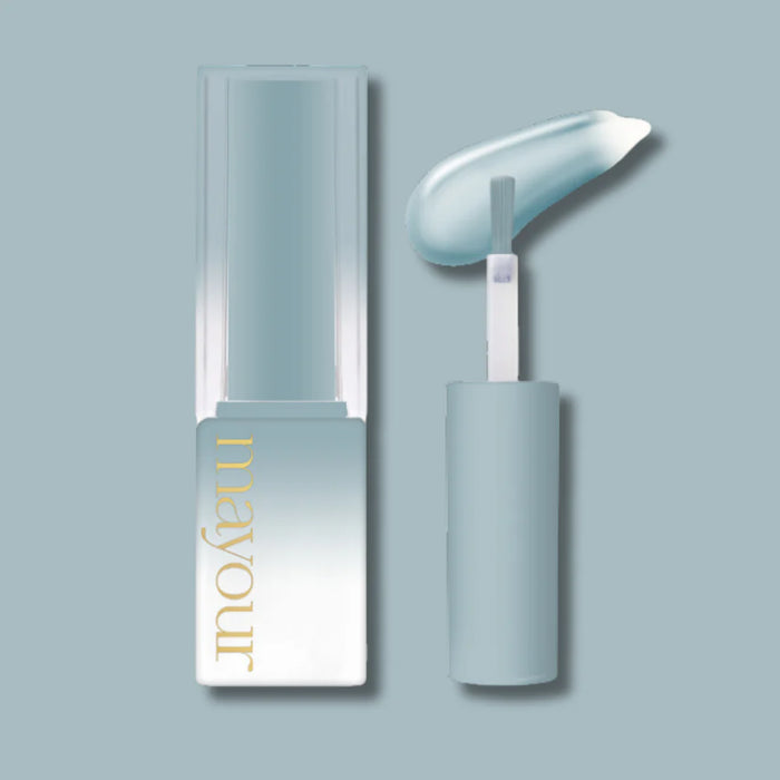 A close-up shot of a white and transparent nail polish bottle from the MAYOUR Wave Collection, showcasing the sleek and minimalist design of the product. The bottle's label prominently displays the brand name, "MAYOUR", indicating that this is an ocean-inspired gel polish line from the MAYOUR brand.