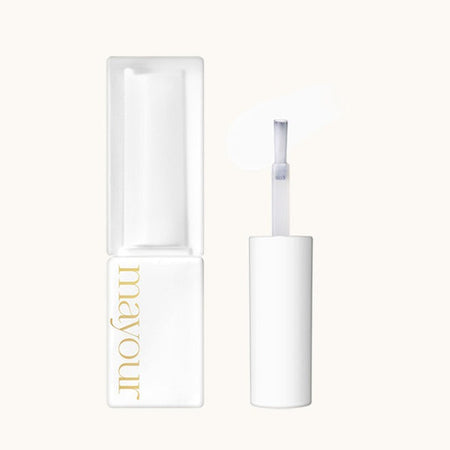 White Mayour nail gel bottle with gold lettering, open to reveal applicator brush. Clean, minimalist design showcasing the premium quality and elegance of the Mayour Collector Season 1 syrup gel set for nail art and creative projects.