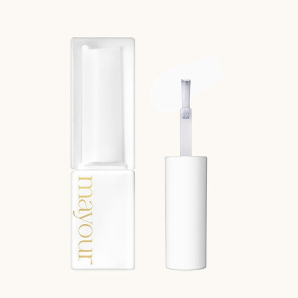 White Mayour nail gel bottle with gold lettering, open to reveal applicator brush. Clean, minimalist design showcasing the premium quality and elegance of the Mayour Collector Season 1 syrup gel set for nail art and creative projects.