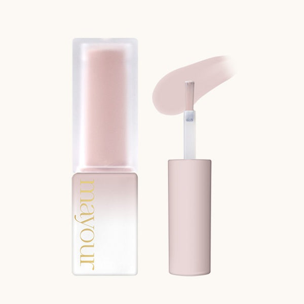 MAYOUR Syrup Gel bottle in soft pink with gold lettering, showcasing a smooth applicator brush and a swatch of the gel color. The elegant design and pastel hue highlight the premium quality and versatility of the product for nail art and creative projects.