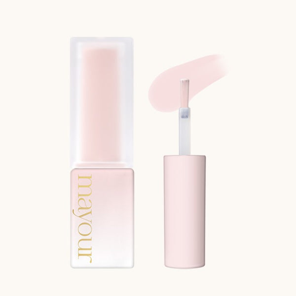 MAYOUR The Collector Season 1 syrup gel in soft pink shade, featuring a sleek bottle with gold lettering and an open applicator displaying the smooth, creamy texture. Part of a 40-piece set showcasing vibrant colors for nail art and creative projects.