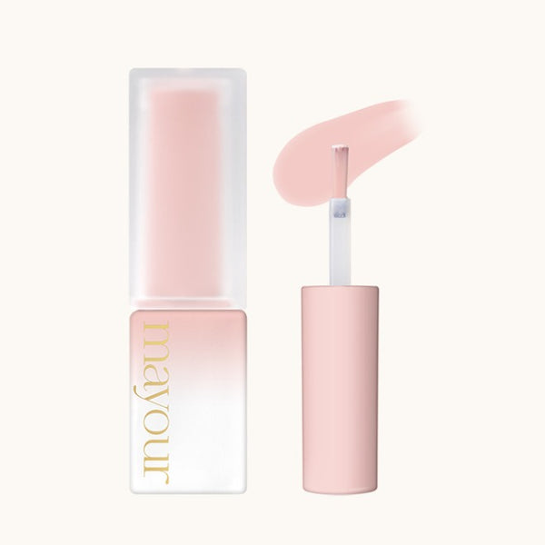 Elegant pink syrup gel bottle from MAYOUR The Collector Season 1 set, showcasing a delicate pastel shade. Bottle displays brand name and includes an applicator brush with a swatch of the soft, rosy color.