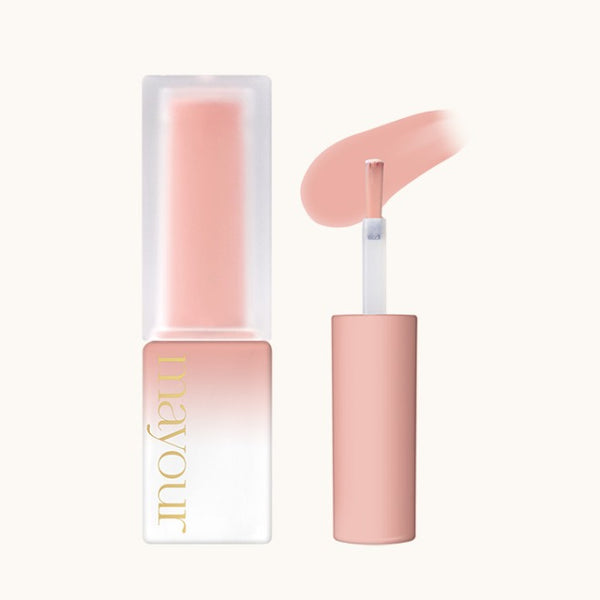 Sleek pink nail polish bottle from MAYOUR Collector Season 1 set, with applicator brush displaying a soft, rosy swatch of gel polish, showcasing the high-quality formulation and vibrant color perfect for nail art and creative projects