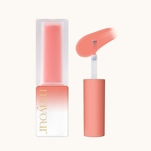 MAYOUR Collector Season 1 syrup gel in a sleek coral-pink bottle with gold lettering, showcasing vibrant color and luxurious packaging. Applicator wand displays smooth texture of the high-quality gel formulation, perfect for nail art and creative projects.