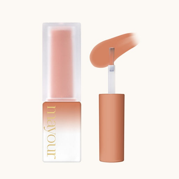 MAYOUR Collector Season 1 syrup gel in peach shade, showcasing bottle and swatch. Vibrant color application demonstrated with sleek packaging design, perfect for nail art and creative projects.