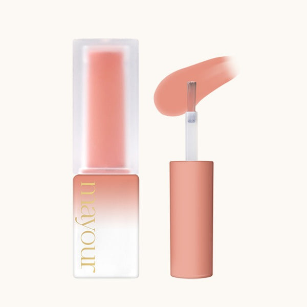 MAYOUR The Collector Season 1 syrup gel in peach color, displayed in elegant tube packaging with applicator brush. Smooth swipe of gel showcasing vibrant, creamy texture. Part of 40-piece set for nail art and creative projects.