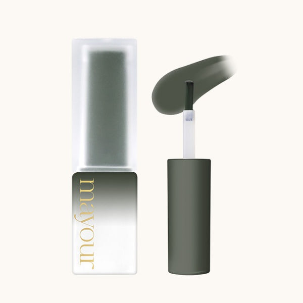 MAYOUR Collector Season 1 syrup gel bottle with gold lettering, showcasing sleek design. Open bottle reveals applicator brush with green-tinted gel, highlighting product texture and color. Professional nail art set for vibrant, creative manicures.