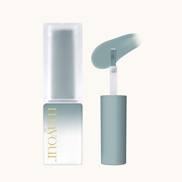 Elegant Mayour syrup gel bottle in soft teal and white, showcasing the product's luxurious packaging and high-quality formulation. The open bottle reveals a smooth applicator brush, demonstrating the gel's rich texture and ease of use for nail art and creative projects.