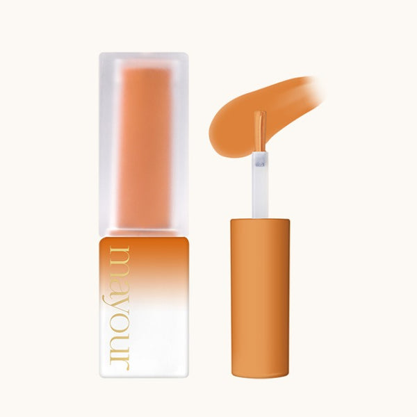 Vibrant orange Mayour syrup gel bottle and swatch, showcasing rich pigmentation and smooth texture. Part of the Collector Season 1 set, featuring a sleek applicator and transparent cap for easy color identification. Perfect for nail art and creative projects.