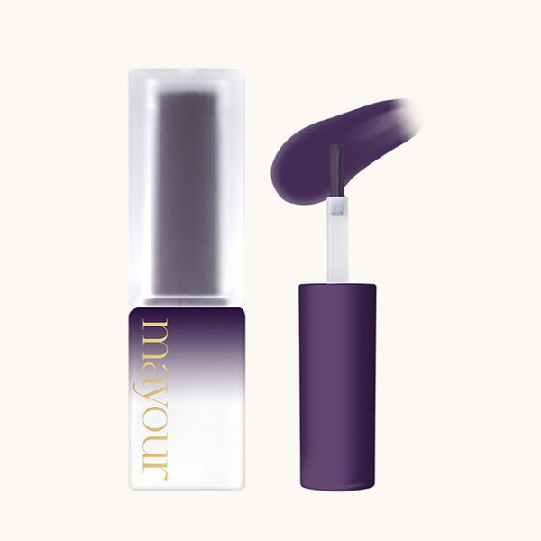 MAYOUR Collector Season 1 syrup gel in deep purple shade, featuring sleek bottle with gold logo and applicator brush displaying rich, vibrant color. Part of 40-piece set for nail art and creative projects.