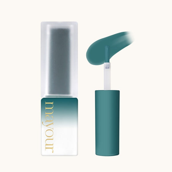 Elegant teal Mayour syrup gel bottle with gradient design and gold lettering, showcasing vibrant color and smooth texture. Applicator brush displays rich pigmentation, highlighting the high-quality formulation of the Collector Season 1 set for versatile artistic use.