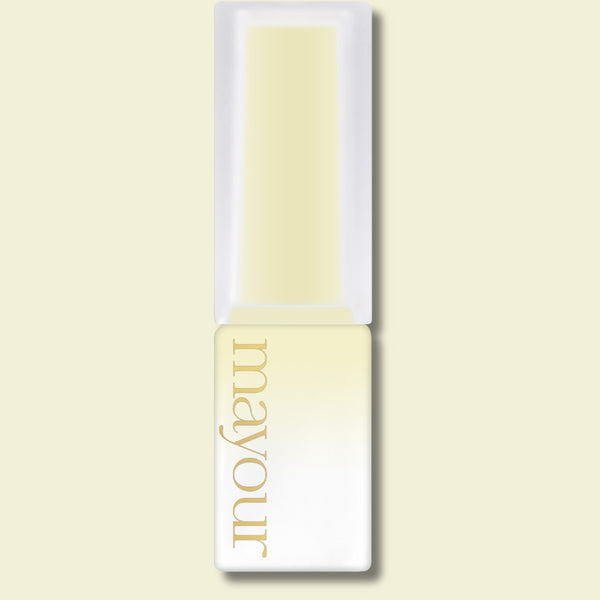 MAYOUR syrup gel polish bottle in pale yellow shade, part of The Collector Season 2 set featuring 40 semi-sheer colors for versatile nail art designs, showcasing elegant packaging with brand name embossed on the side