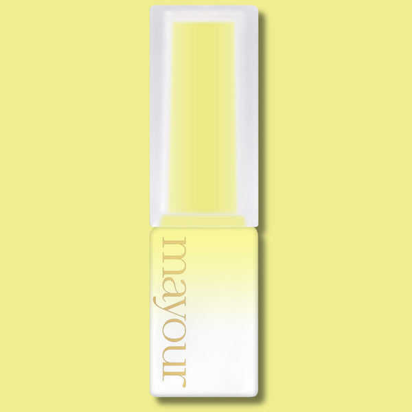 MAYOUR syrup gel polish bottle in soft yellow shade, part of The Collector Season 2 set, showcasing the brand's elegant design and premium quality for versatile nail art applications