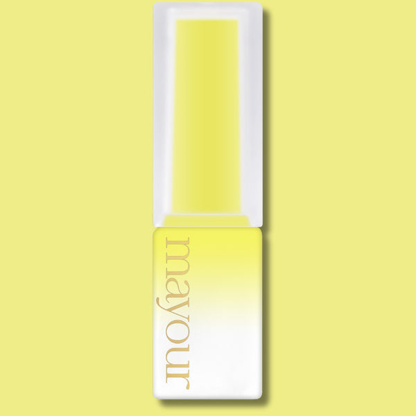 Vibrant yellow MAYOUR syrup gel polish bottle from The Collector Season 2 set, showcasing a sleek design with white cap and embossed branding, perfect for creating stunning nail art and seasonal looks