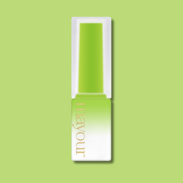 Vibrant lime green MAYOUR syrup gel polish bottle on matching background, showcasing semi-sheer finish and stylish branding for The Collector Season 2 set, perfect for creative nail art designs