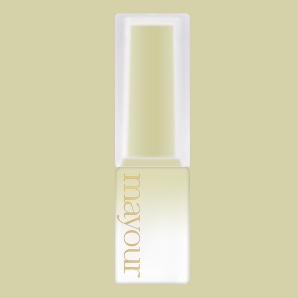 MAYOUR The Collector Season 2 syrup gel polish bottle, showcasing a pale yellow semi-sheer color, with elegant gold lettering on the side, set against a soft pastel background, representing one of the 40 versatile shades in the collection