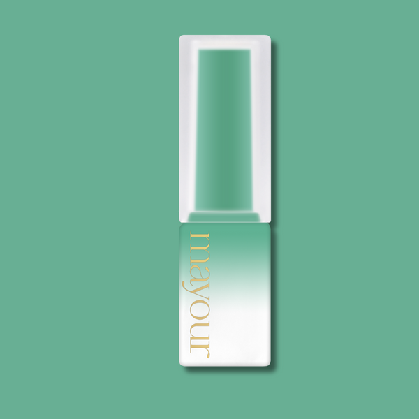 MAYOUR syrup gel polish bottle in soft mint green and white gradient, featuring gold brand lettering, showcasing the luxurious and versatile nature of The Collector Season 2 set, perfect for creating stunning nail art designs across all seasons