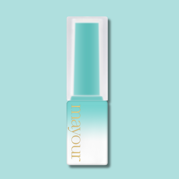 MAYOUR The Collector Season 2 syrup gel polish bottle in turquoise and white ombre design, showcasing brand name in gold lettering, set against a matching aqua background, highlighting the collection's vibrant and versatile color palette for nail art enthusiasts