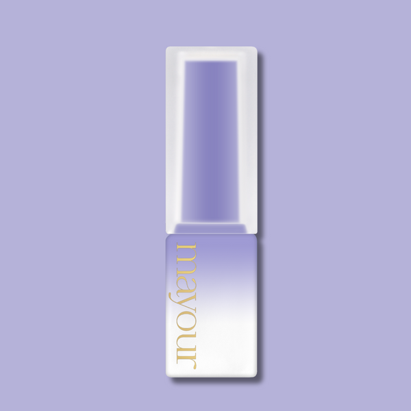 MAYOUR syrup gel polish bottle in pastel lavender shade, featuring elegant white cap and gold lettering, showcasing season 2 collection's versatile semi-sheer formula for creative nail art designs