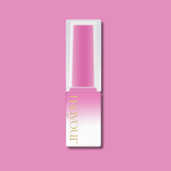 MAYOUR syrup gel polish bottle in vibrant pink and white, showcasing luxurious packaging design with gold lettering against a soft pink background, representing one of 40 shades from The Collector Season 2 set