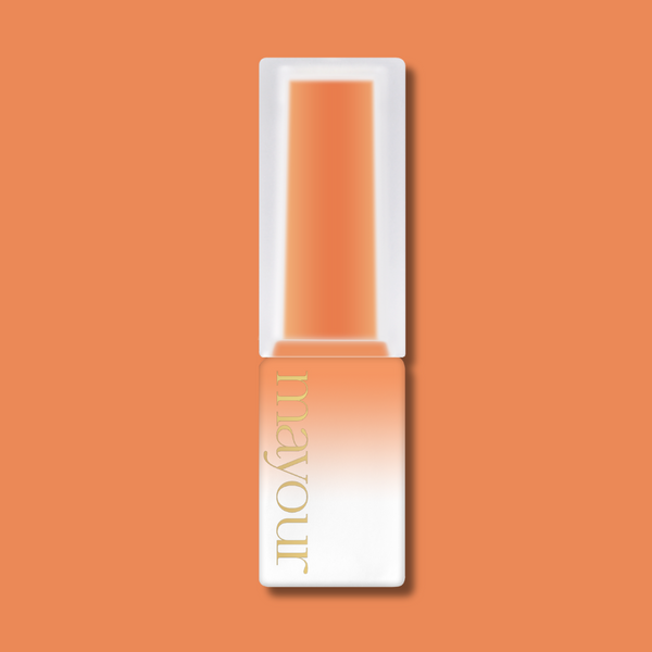 MAYOUR The Collector Season 2 syrup gel polish bottle in soft peach color, showcasing a sleek design with a clear cap and gold branding, set against a vibrant orange background, highlighting the premium quality and versatile shade options of the 40-piece nail art collection