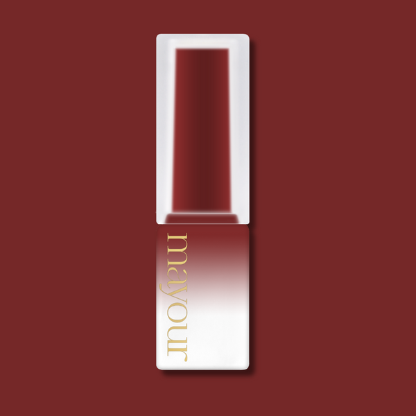 MAYOUR syrup gel polish bottle in deep red shade, showcasing luxurious packaging with white cap and gold branding, part of The Collector Season 2 set featuring 40 versatile colors for stunning nail art designs