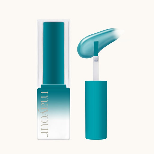 Vibrant teal MAYOUR gel polish bottle with golden logo, showcasing smooth applicator brush and glossy swatch of semi-sheer syrup lacquer, part of The Collector Season 3 set featuring 40 versatile colors for stunning nail art designs