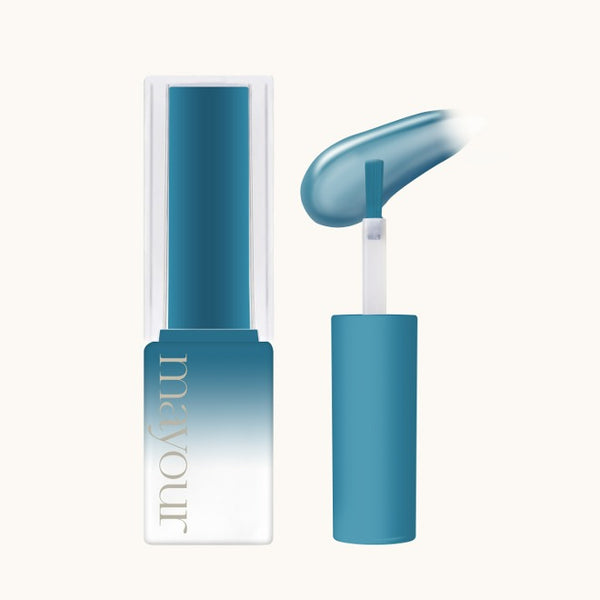 MAYOUR The Collector Season 3 gel polish bottle in vibrant teal blue, showcasing sleek packaging and a swatch of the semi-sheer syrup formula. The image displays the product's high-quality appearance and smooth application, highlighting its versatility for nail art enthusiasts.