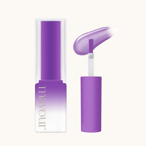 Vibrant purple MAYOUR syrup gel polish bottle with applicator brush, showcasing the smooth, glossy texture of the semi-sheer lacquer. Part of The Collector Season 3 set, perfect for creating versatile nail designs and ombre effects.