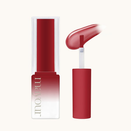 Vibrant red MAYOUR gel polish bottle with gradient design, showcasing creamy texture and smooth application. Elegant applicator brush demonstrates rich color payoff, highlighting the versatile and high-quality syrup gel formula from The Collector Season 3 set.