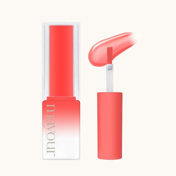 Vibrant coral syrup gel polish from MAYOUR The Collector Season 3 set, showcasing a semi-sheer formula in sleek packaging with an applicator brush. The image displays the bottle and a smooth swatch of the buildable, glossy polish perfect for creating ombre effects and customizable nail art designs.