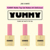 A minimalist promotional image of Yummy Art Matte Top Gel, featuring three bottles aligned side by side against a light background with bold branding text above them. The design is clean and emphasizes the product's sleek look.