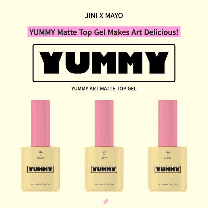 A minimalist promotional image of Yummy Art Matte Top Gel, featuring three bottles aligned side by side against a light background with bold branding text above them. The design is clean and emphasizes the product's sleek look.