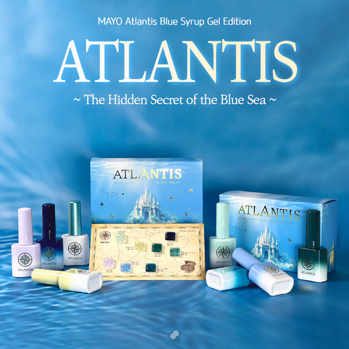 A collection of 7 syrup gels inspired by the ancient mysteries of the deep blue sea, accompanied by a stunning silky magnetic cat eye gel, all presented in a unique color palette and packaged with a free cylinder magnet and color chart board. This Atlantis-themed product offers a captivating and immersive beauty experience.