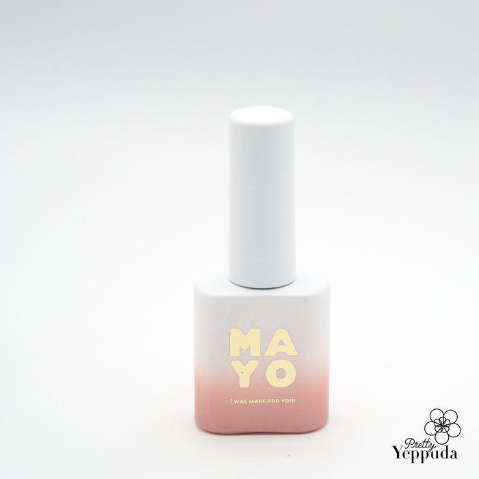 Elegant and luxurious bottle of MAYO Eros Collection magnetic gel nail polish featuring a delicate pink and white color scheme, designed to elevate the user's nail artistry with its magnetic shimmer and rich pigmentation.