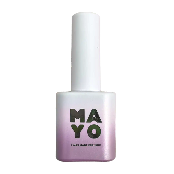 This image depicts a bottle from the MAYO Venus Collection, a set of 8 soft and silky magnetic gels inspired by the goddess of love with fine satin-like particles. The bottle has a minimalist white design with the brand name "MAYO" prominently displayed. These high-quality, UV/LED-curable gels are available individually or as a complete set, offering a range of unique textures and effects for nail enthusiasts.