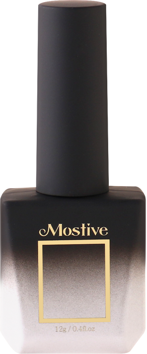 A bottle of the Mostive Midnight Latte Collection (MC017-022) nail gel polish, displaying the Mostive brand name and logo prominently on the bottle. The bottle has a matte black appearance and features a gold rectangular frame design on the label. The product description indicates that these nail gels can be used for full coverage or gradient designs, and require a UV/LED lamp to cure and dry fully.