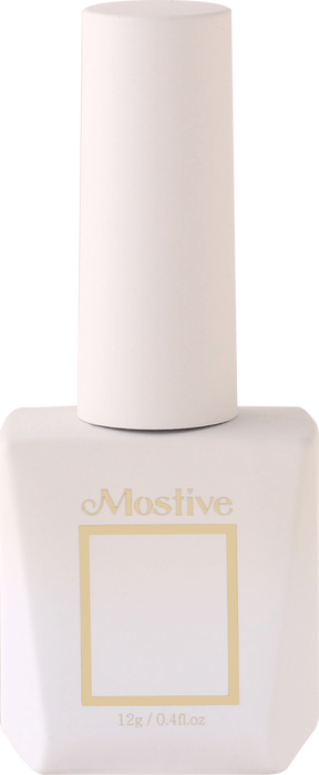 Elegant and luxurious gel polish packaging for the Mostive Midnight Latte Collection, featuring a sleek white bottle with the brand name and a minimalist gold frame, showcasing the high-quality, versatile formula that can be used for full coverage or gradient designs, curable with UV or LED lamps for a long-lasting, professional manicure.