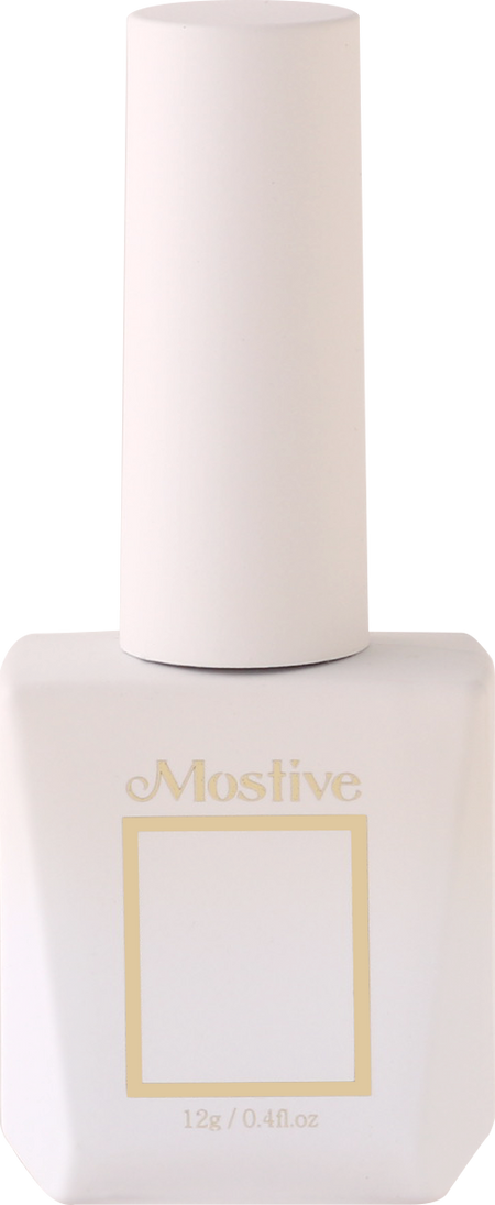 Elegant and luxurious gel polish packaging for the Mostive Midnight Latte Collection, featuring a sleek white bottle with the brand name and a minimalist gold frame, showcasing the high-quality, versatile formula that can be used for full coverage or gradient designs, curable with UV or LED lamps for a long-lasting, professional manicure.