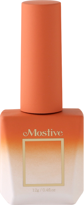 Detailed, elaborative alt text for the Mostive Midnight Latte Collection (MC017-022) nail gel polish product image: The image depicts a vibrant, coral-colored bottle of Mostive nail gel polish. The bottle has a tall, cylindrical shape with a flat top and the Mostive brand name prominently displayed in gold text. The product description indicates that these gel polishes can be used for full coverage or blended for gradient designs, and they requir