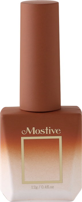 The image depicts a bottle of Mostive Midnight Latte Collection (MC017-022) nail gel polishes. The bottle is a cylindrical shape with a tapered top and features the Mostive brand name and logo prominently displayed. The polish can be used as full coverage gel or blended for gradient designs, and requires a UV/LED lamp to cure and dry fully.