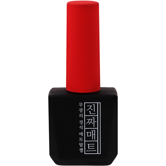 Sleek black bottle of Mostive Jinzza Matte Top Gel with vibrant red cap, featuring Korean text on label. Non-wipe formula for smooth, even matte finish. UV/LED curable nail polish in 12ml size. Professional-grade nail care product for long-lasting manicures.