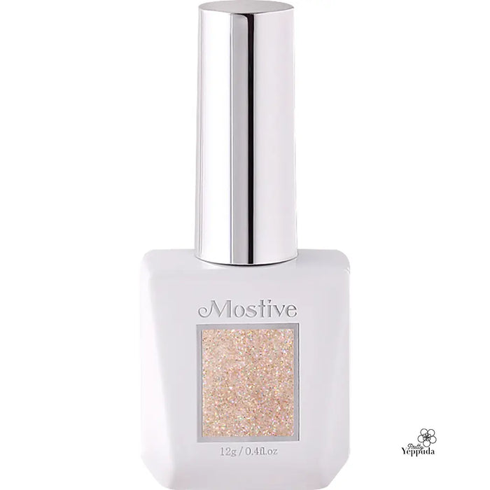 The alt text for this image of the Mostive Romantic Prism Collection (MG89-94) Shopify product can be: "An image of a white nail polish bottle with a metallic silver cap, featuring the Mostive brand name. The bottle contains a shimmery, glitter-infused nail polish from the Romantic Prism Spring/Summer Collection.