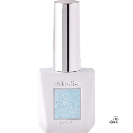 This image depicts the Mostive Romantic Prism Collection (MG89-94), a set of six dazzling glitter gel polishes that can be used for standalone application, gradients, or as a thin layer over a base color to enhance the overall nail art. The polishes come in a sleek, white bottle with a silver cap, showcasing the Mostive brand. The image highlights the product's ability to create a captivating glitter effect on nails, making it an attractive optio