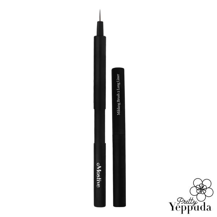 The image shows a sleek, black eyeliner brush from the Mostive Mildang brand, featuring a push mechanism for easy storage. The long, precise liner brush is designed to deliver sharp, flawless eyeliner application, making it a versatile cosmetic tool for the modern, on-the-go beauty enthusiast.