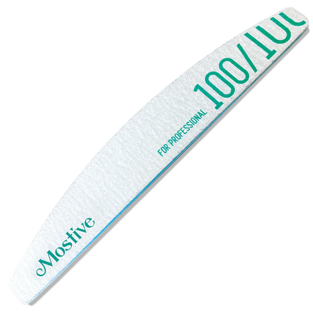 Professional-grade nail file featuring a curved white surface with green text. The file displays '100/100' grit rating and 'Mostive' branding, indicating its use for precision nail shaping and buffing. Its sleek design suggests durability and effectiveness for manicure and pedicure treatments.